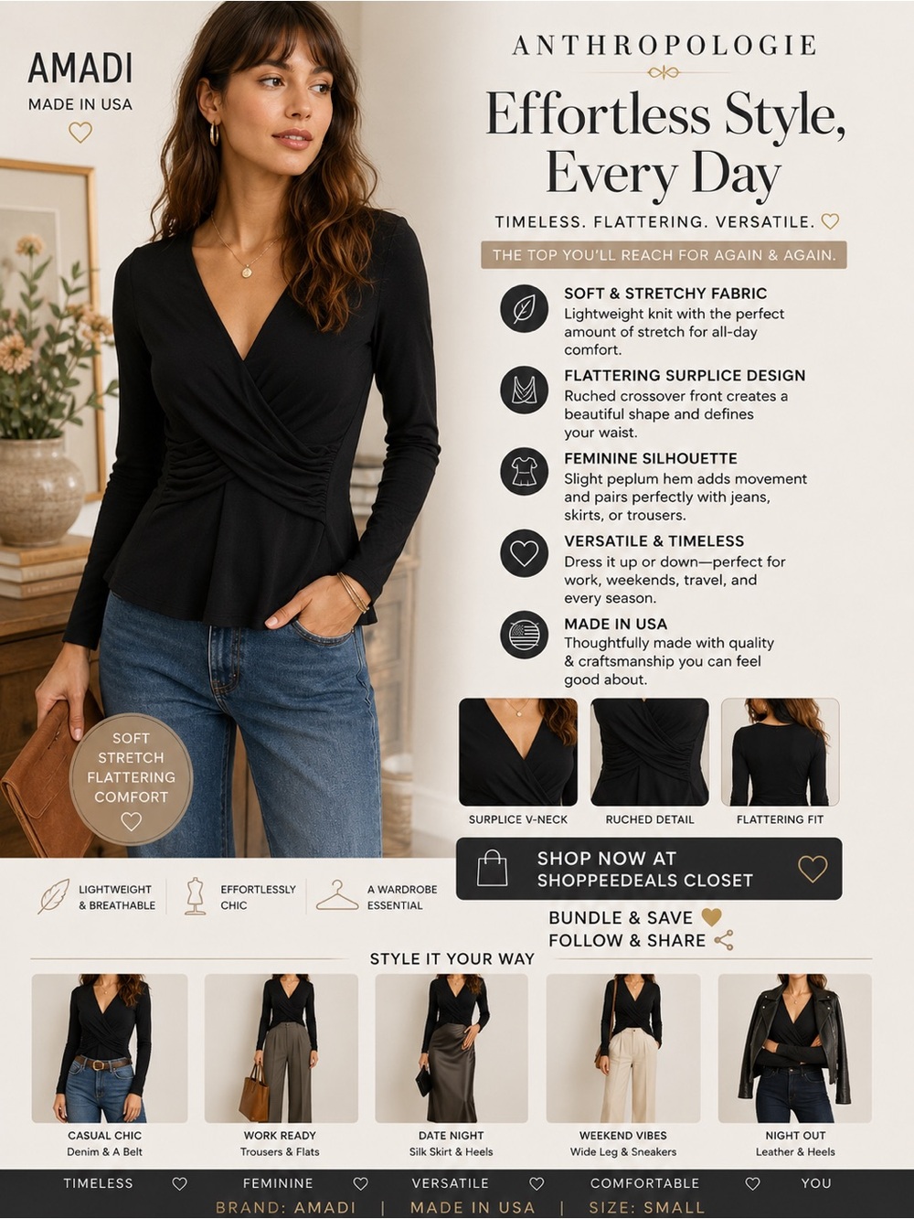 AMADI Made in USA Black Ruched Surplice Long Sleeve Top